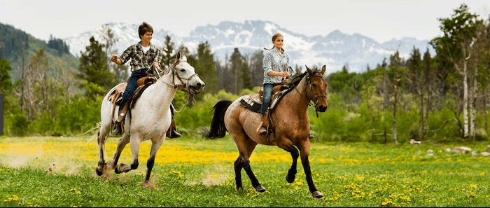 Confident plus-size woman riding Scotland a horse through a field with a smile on her face.